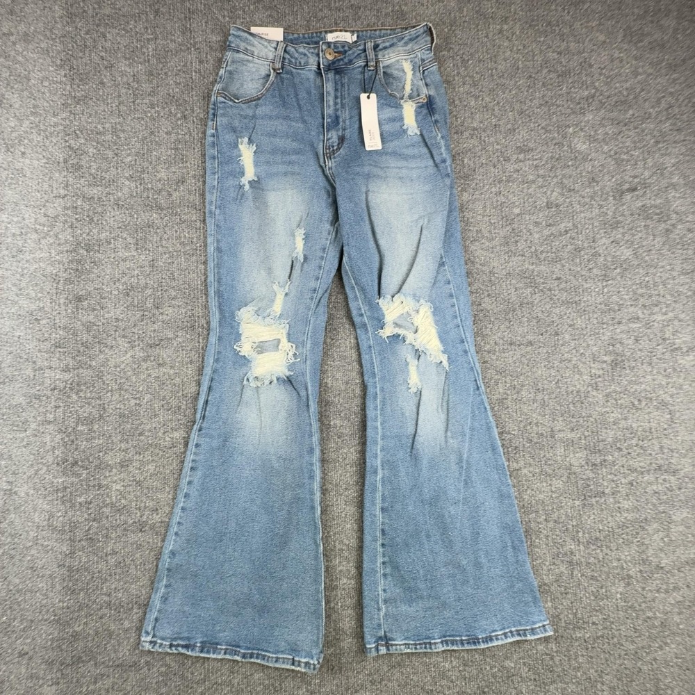 Rue21 Jeans Juniors 7 Light Wash High Rise Flare Distressed Denim Pants